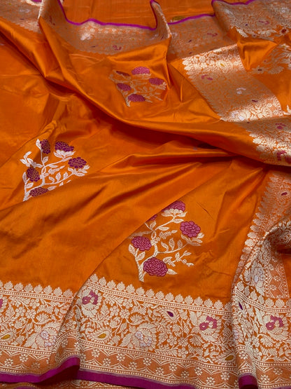 Orange Handwoven Pure Banarasi Silk Saree