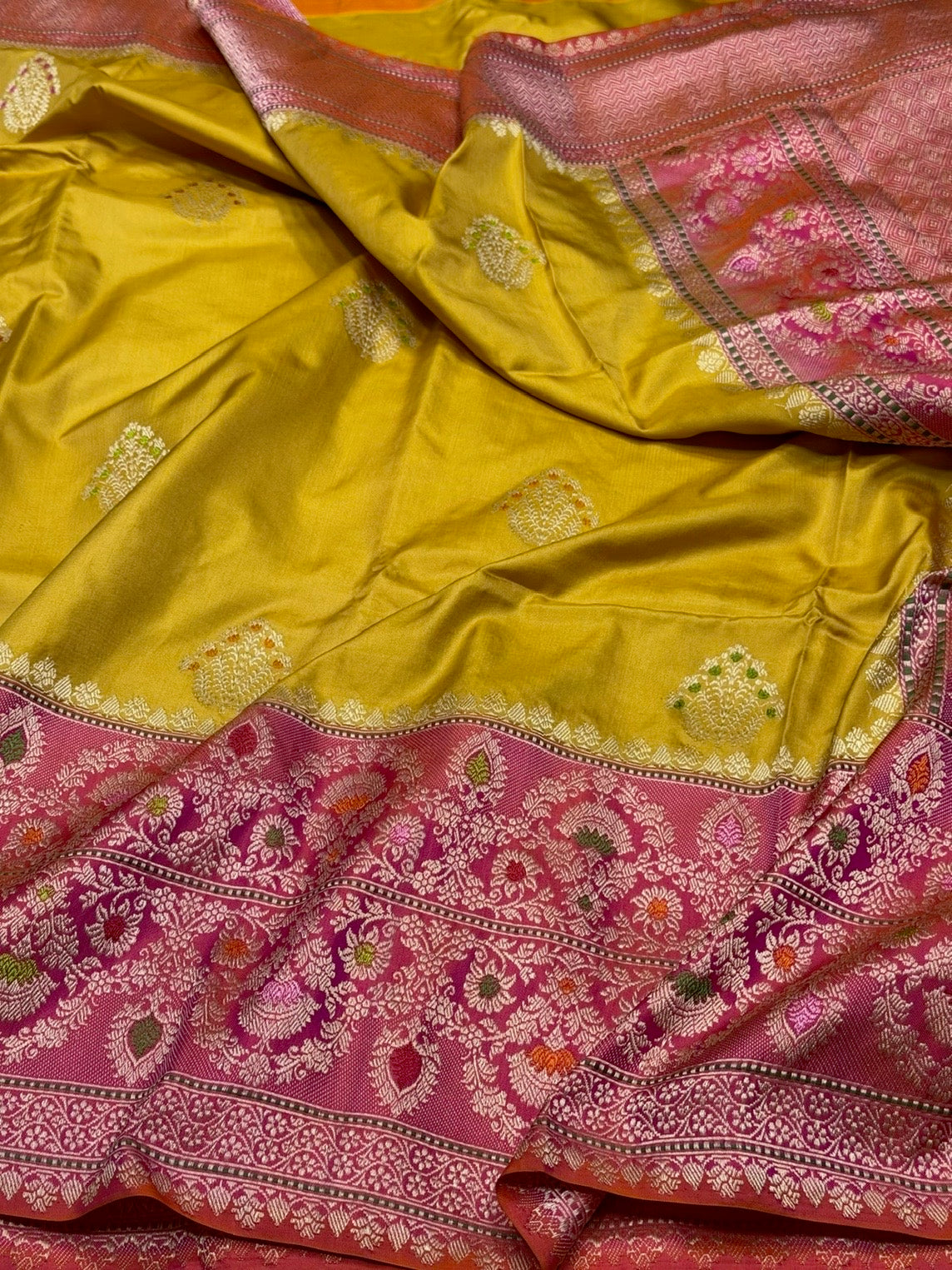 Mustard Yellow Handwoven Pure Banarasi Ektara Silk Saree – Kadwa Iktara Weave, Pure Mulberry Silk