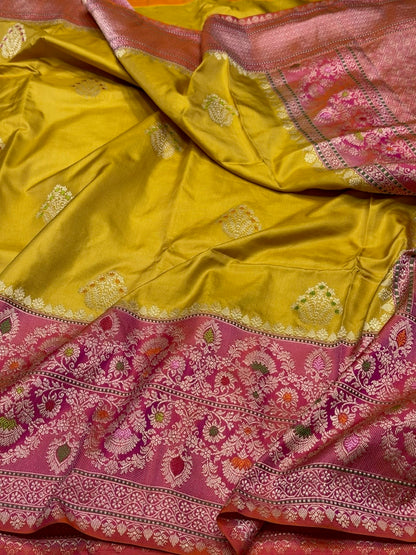 Mustard Yellow Handwoven Pure Banarasi Ektara Silk Saree – Kadwa Iktara Weave, Pure Mulberry Silk