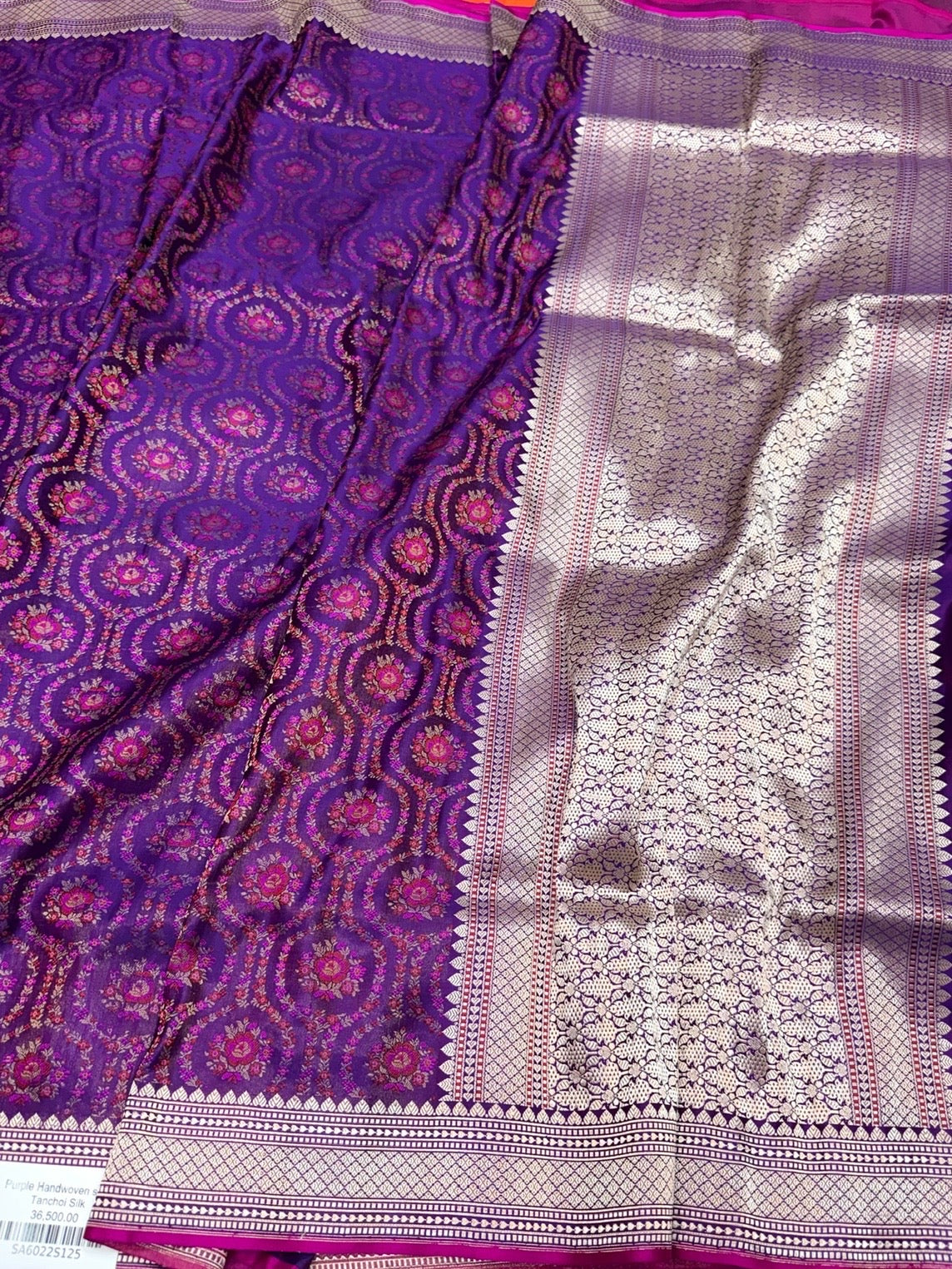 Purple Handwoven Pure Banarasi Satin Tanchoi Silk Saree