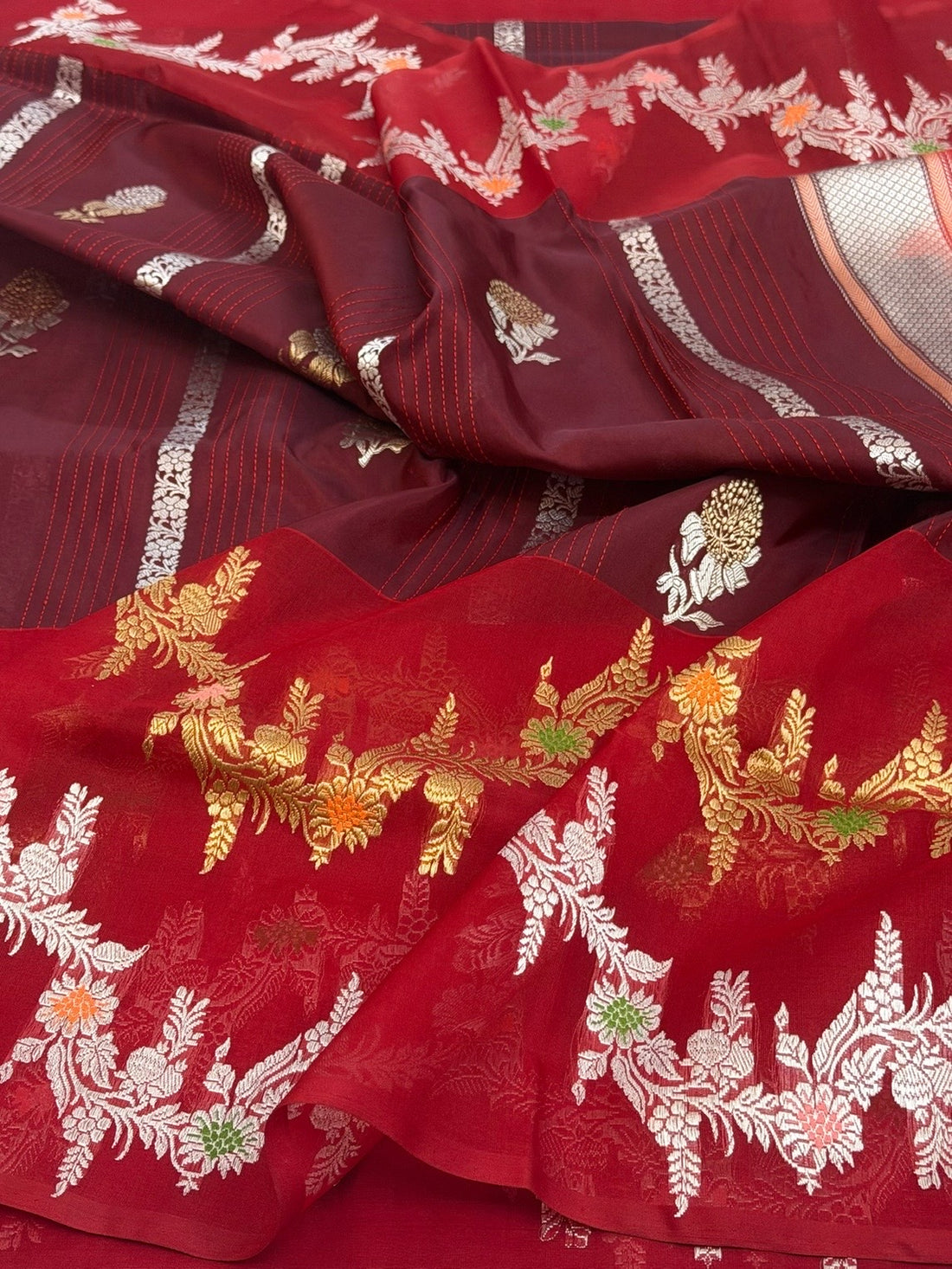Red /Wine Handwoven Pure Organza Silk Saree