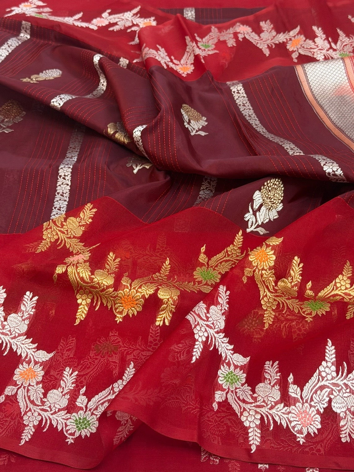 Red /Wine Handwoven Pure Organza Silk Saree