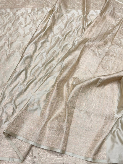Cream Handwoven Vintage Pure Banarasi Satin Silk Saree