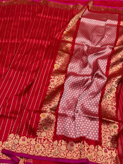 Red Handwoven Pure Banarasi Silk Saree – Kadwa Weave in 100% Katan Mulberry Silk
