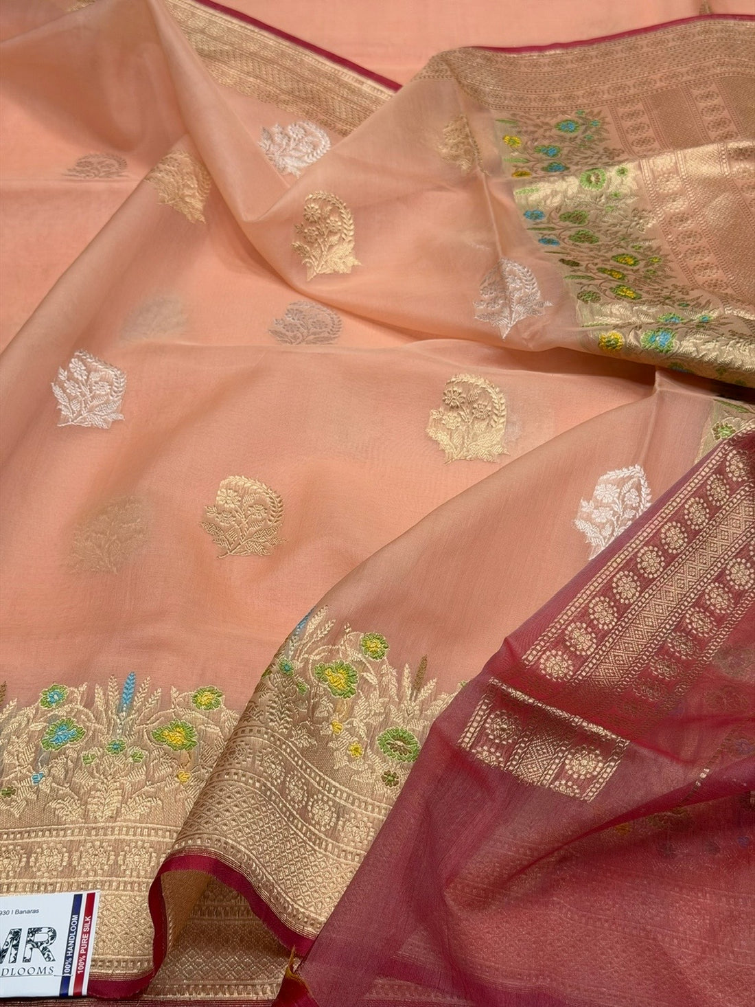 Peach Handwoven Pure Organza Silk Saree