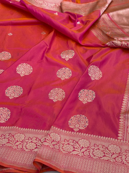 Orangish Pink Handwoven Pure Banarasi Silk Saree
