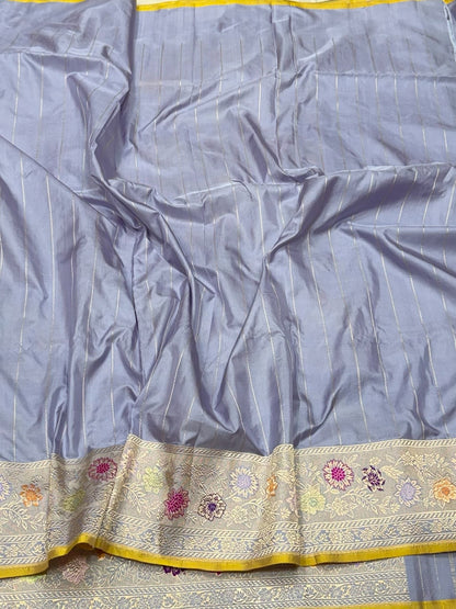 Bluish Grey Handwoven Pure Banarasi Silk Saree