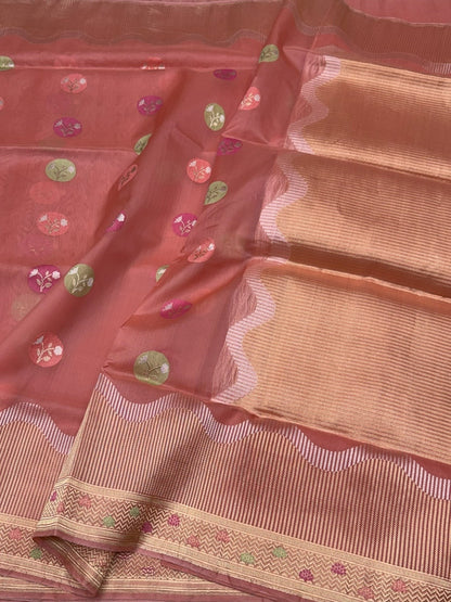 Peach Handwoven Pure Organza Silk Saree