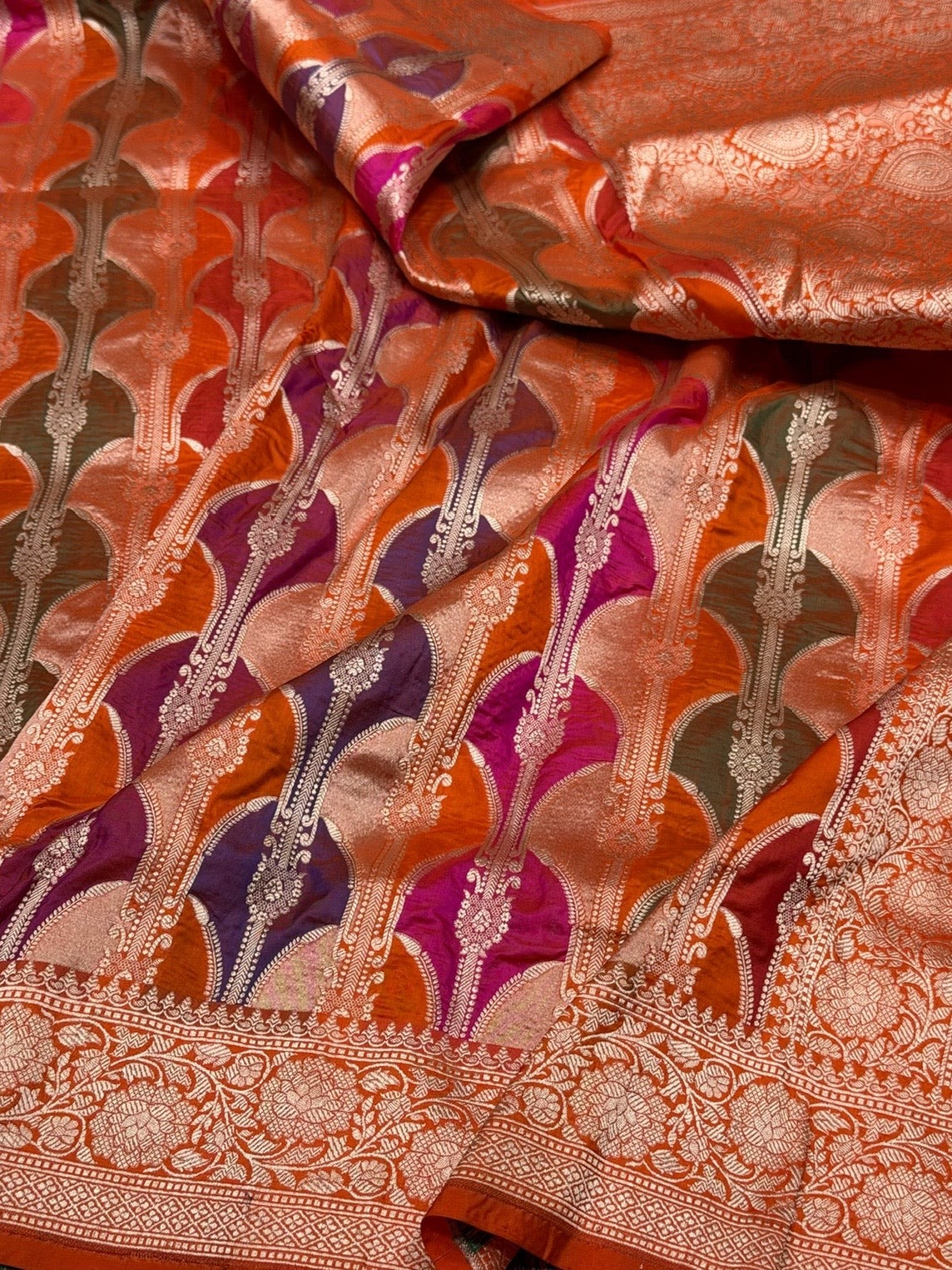 Orange Banarasi Pure Rangkaat Silk Saree – Cutwork Weave in 100% Pure Katan Silk