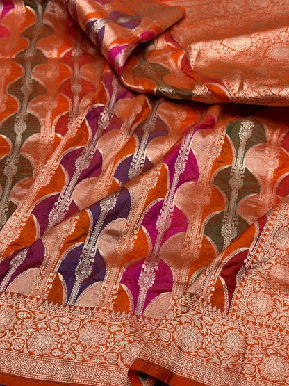 Orange Banarasi Pure Rangkaat Silk Saree – Cutwork Weave in 100% Pure Katan Silk