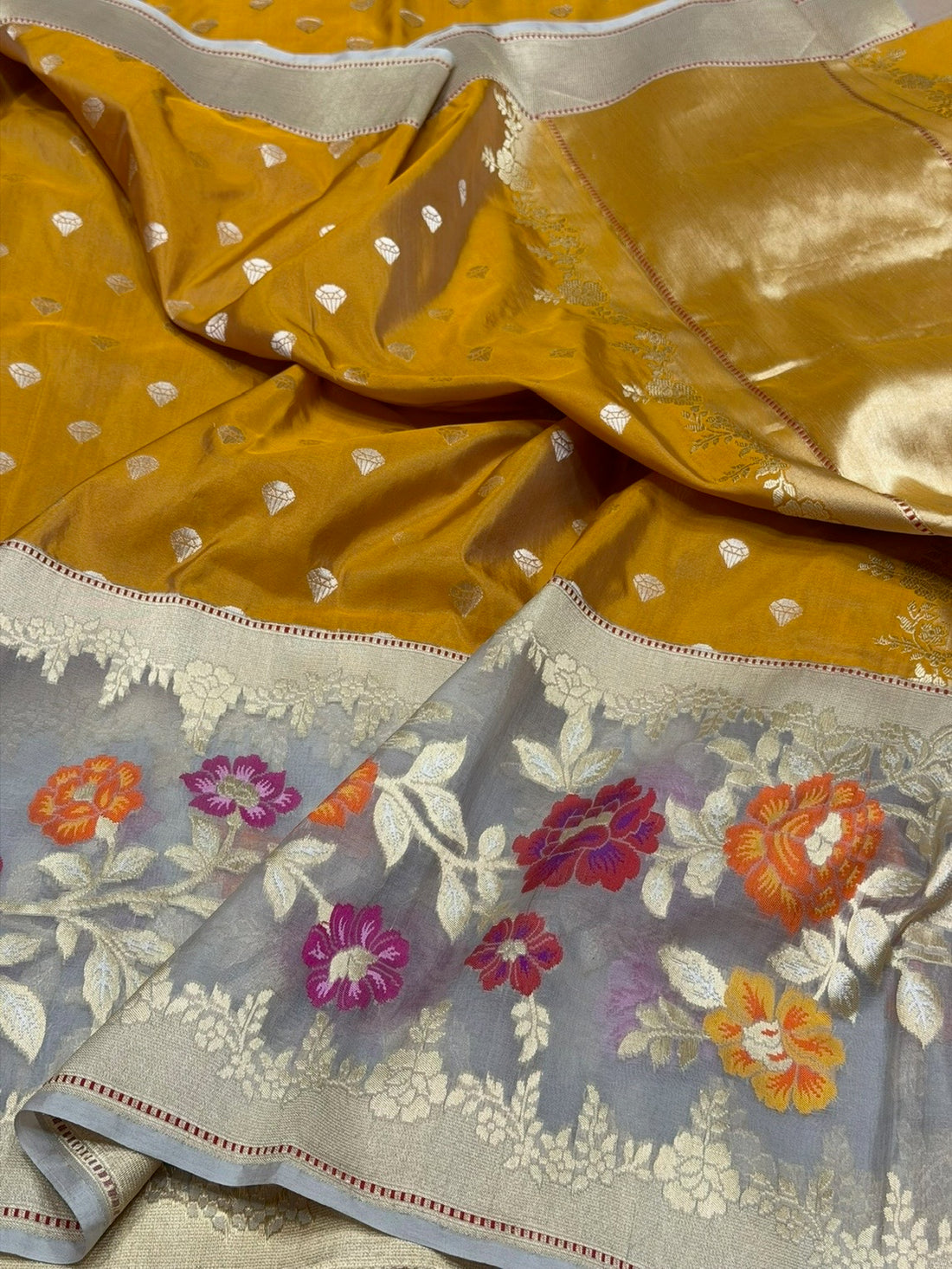 Mustard Yellow Handwoven Pure Banarasi Katan Silk Saree – Kadwa Iktara Weave, Organza Skirt Border Pure Mulberry Silk