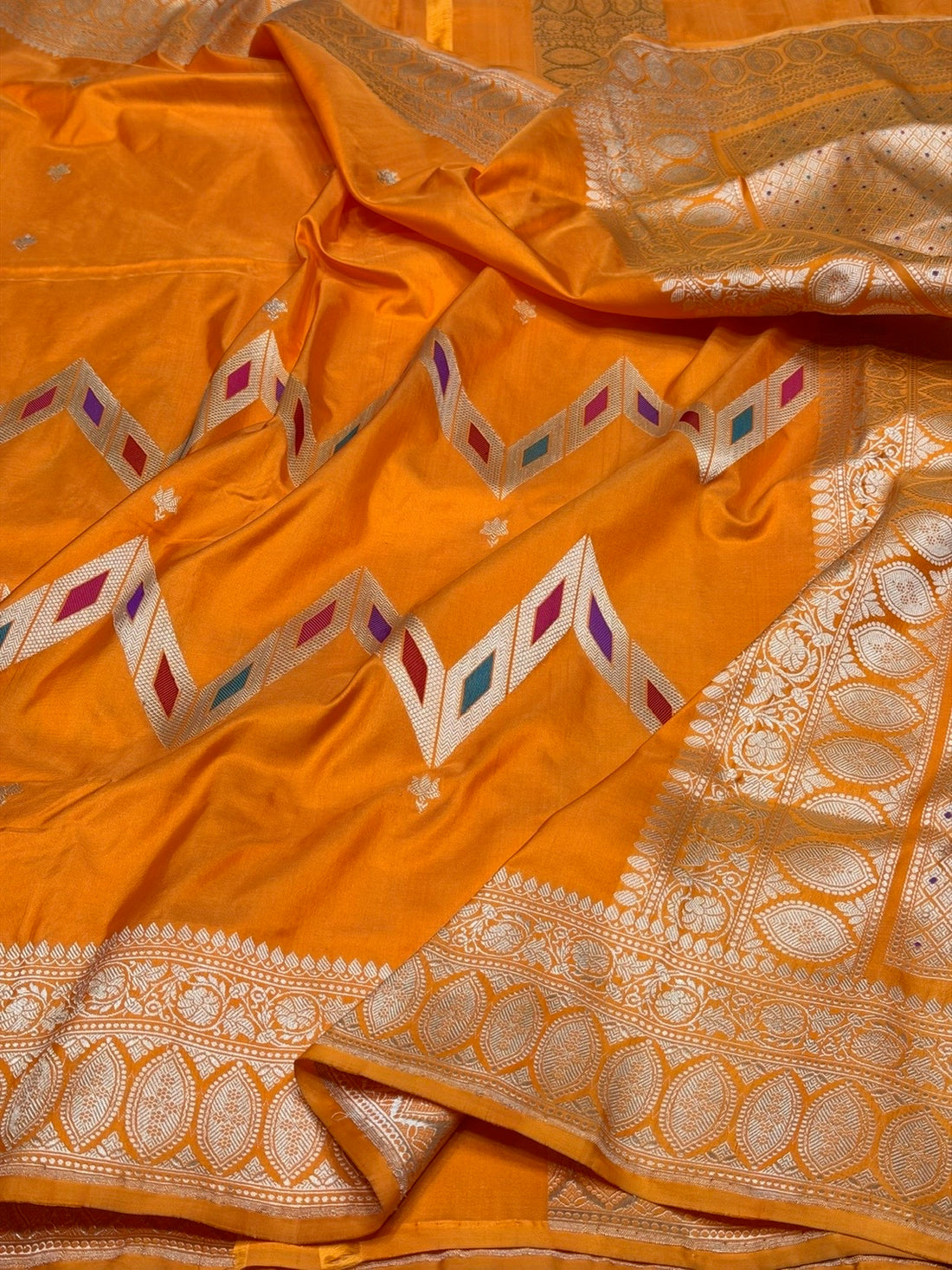 Orange Handwoven Pure Banarasi Silk Saree – Pure Katan Silk | Kadwa Weave | Luxury Banarasi Saree
