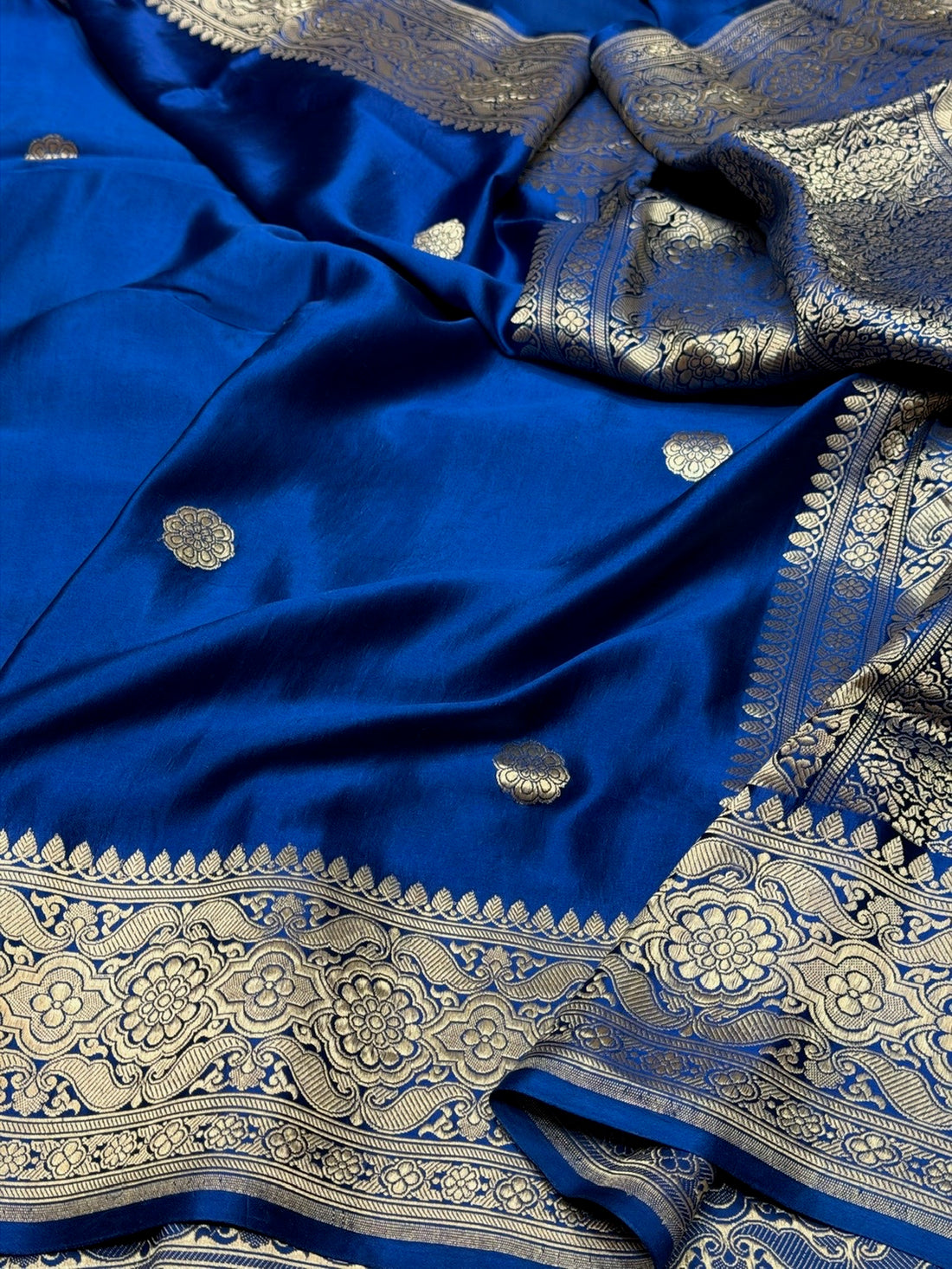 German Blue Handwoven Pure Mashru Banarasi Satin Silk Saree – Kadwa Weave | Authentic Banaras Handloom