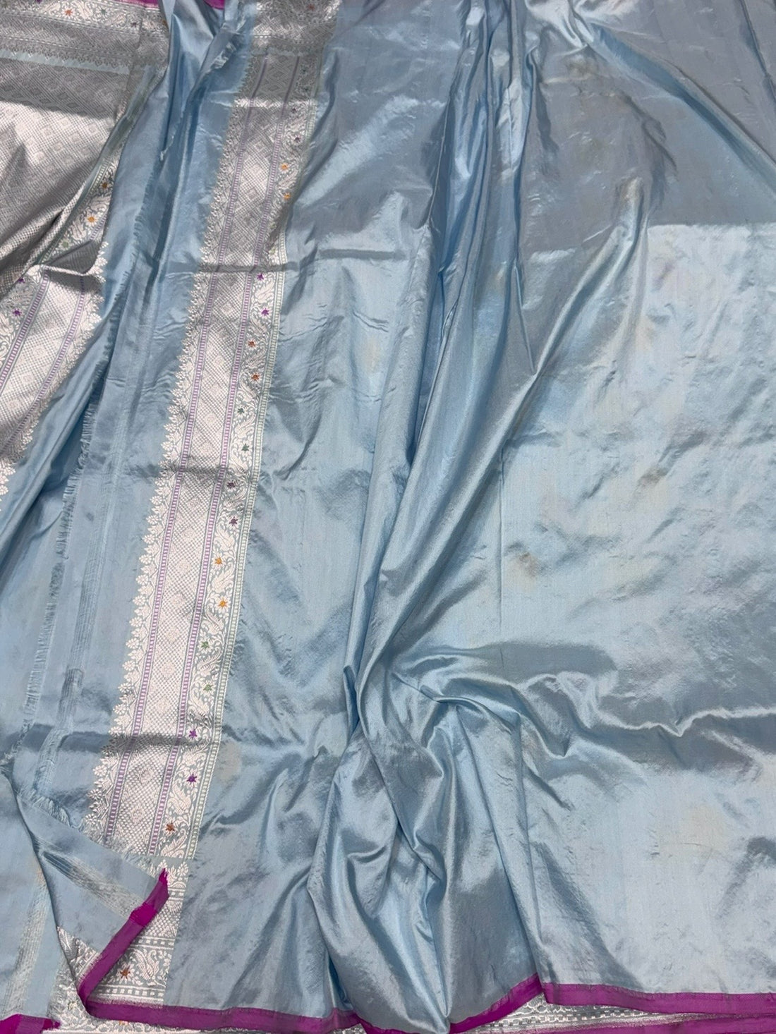Powder Blue Handwoven Pure Banarasi Katan Silk Saree – Authentic Kadwa Weave