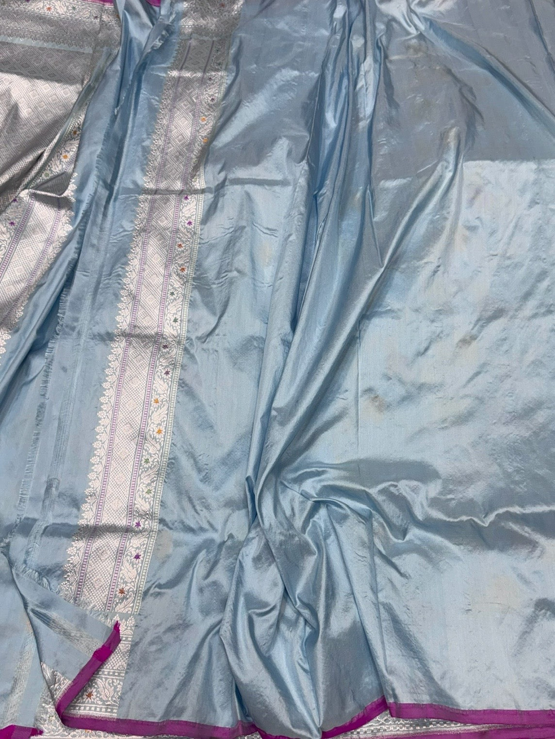 Powder Blue Handwoven Pure Banarasi Katan Silk Saree – Authentic Kadwa Weave