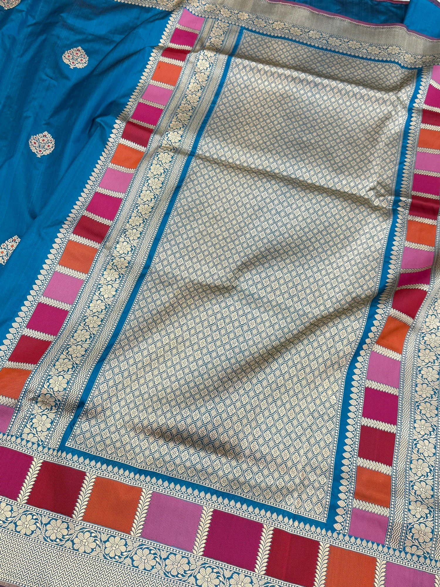 German Blue Handwoven Pure Banarasi Silk Saree in Kadwa Weave | 100% Pure Katan Mulberry Silk