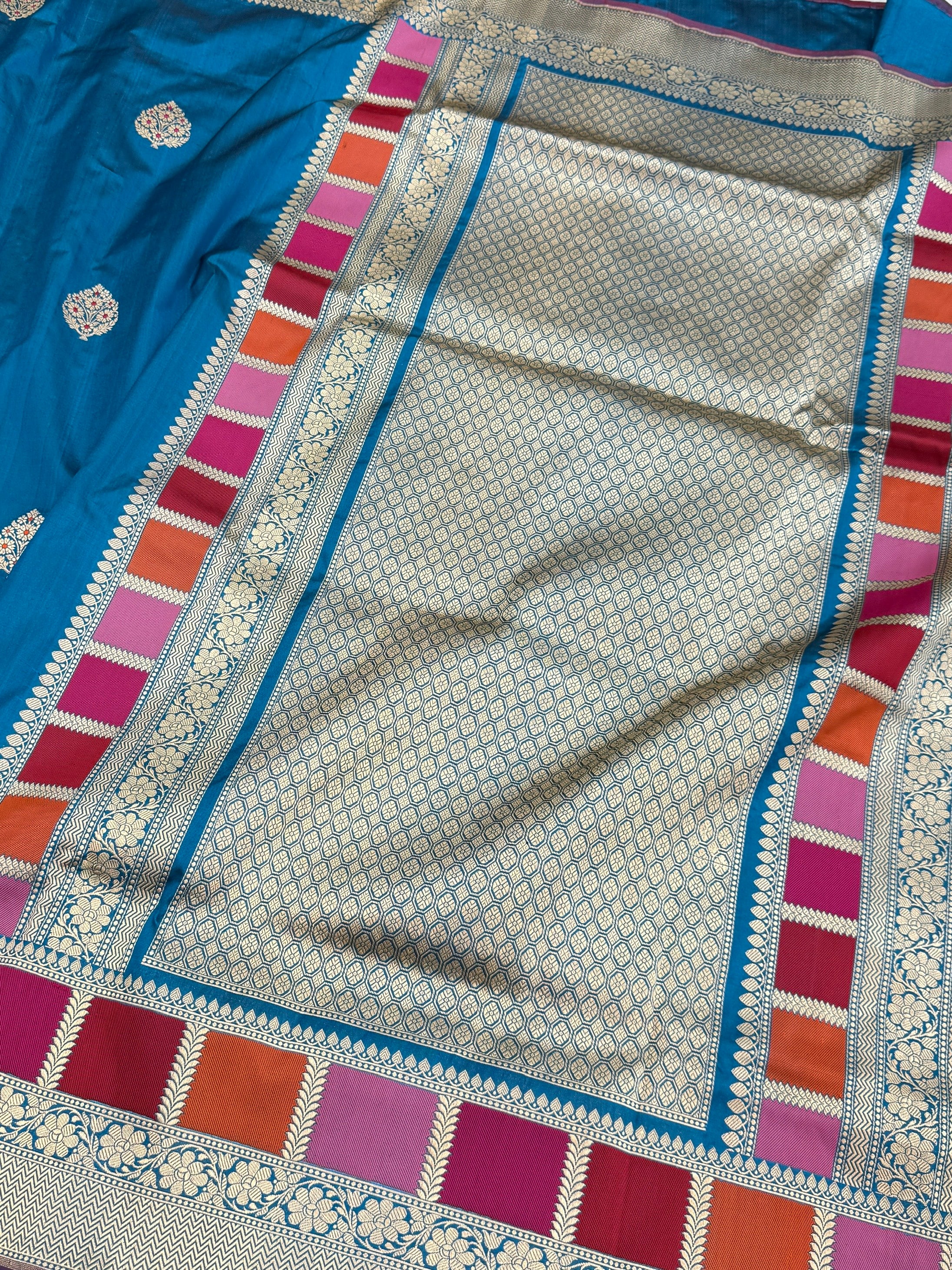 German Blue Handwoven Pure Banarasi Silk Saree in Kadwa Weave | 100% Pure Katan Mulberry Silk