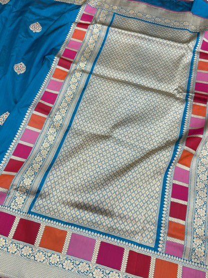 German Blue Handwoven Pure Banarasi Silk Saree in Kadwa Weave | 100% Pure Katan Mulberry Silk