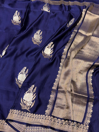 Navy Blue Handwoven Pure Mashru Banarasi Satin Silk Saree