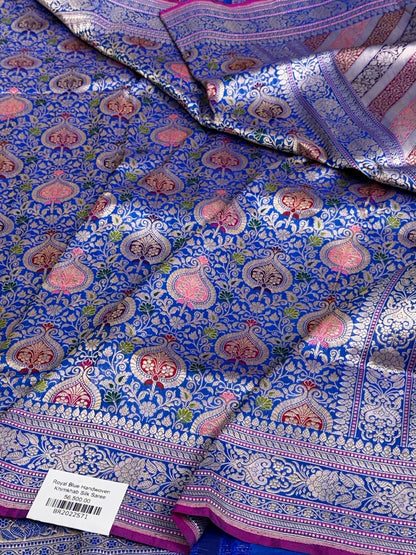 Royal Blue Handwoven Pure Katan Silk Banarasi Kimkhab  Brocade Saree