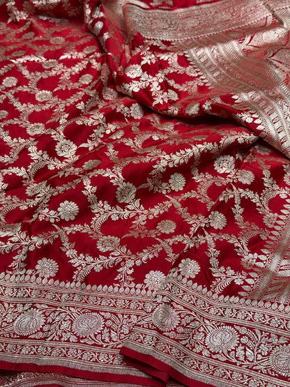 Red Handwoven Vintage Pure Banarasi Satin Silk Saree