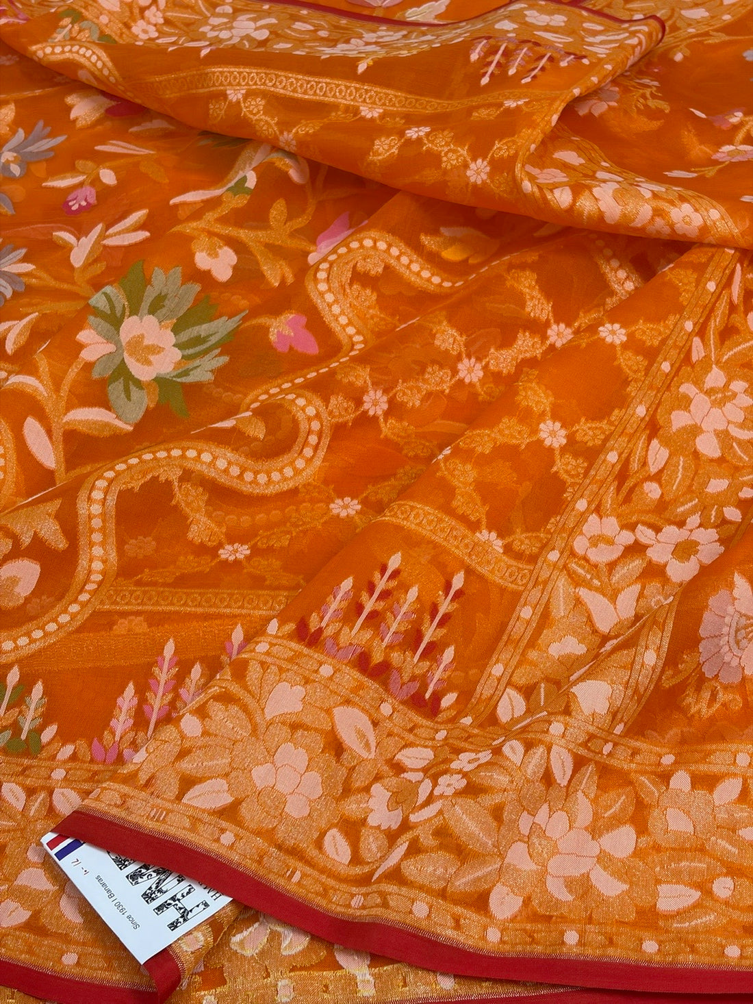 Orange Banarasi Pure Kora Jamdani Saree