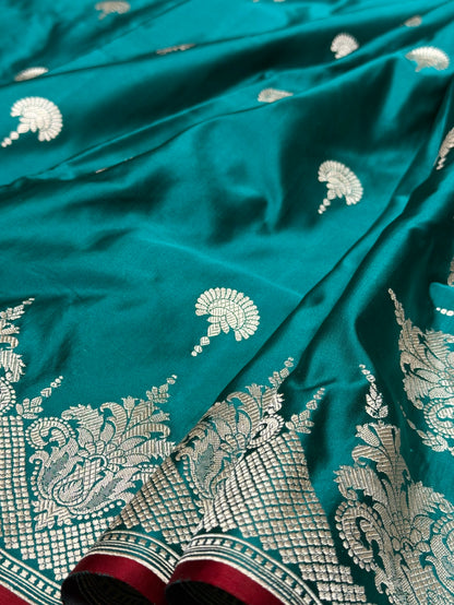 Teal Green Handwoven Pure Mashru Banarasi Satin Silk Saree – Kadwa Weave | Authentic Banaras Handloom