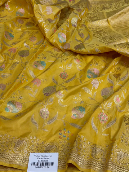 Yellow Handwoven Pure Banarasi Katan Silk Saree