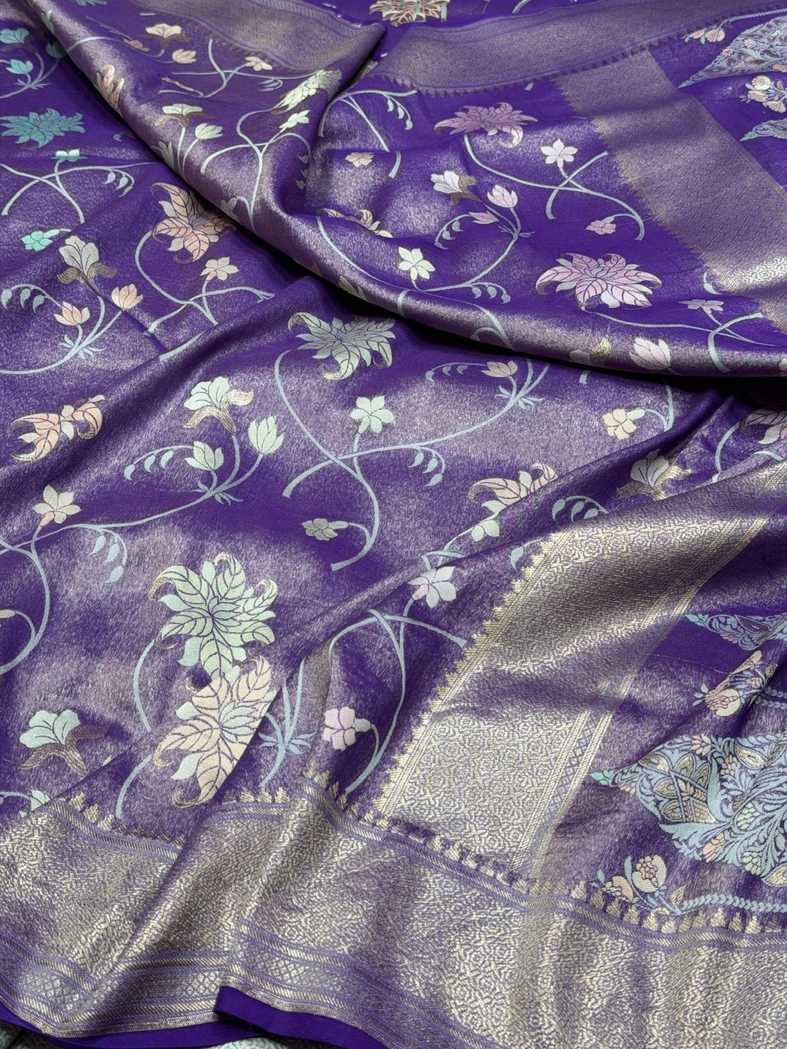 Purple Pure Banarasi Tissue Silk Saree – Pure Kora Tissue | Cutwork Technique | Lightweight Banarasi Saree