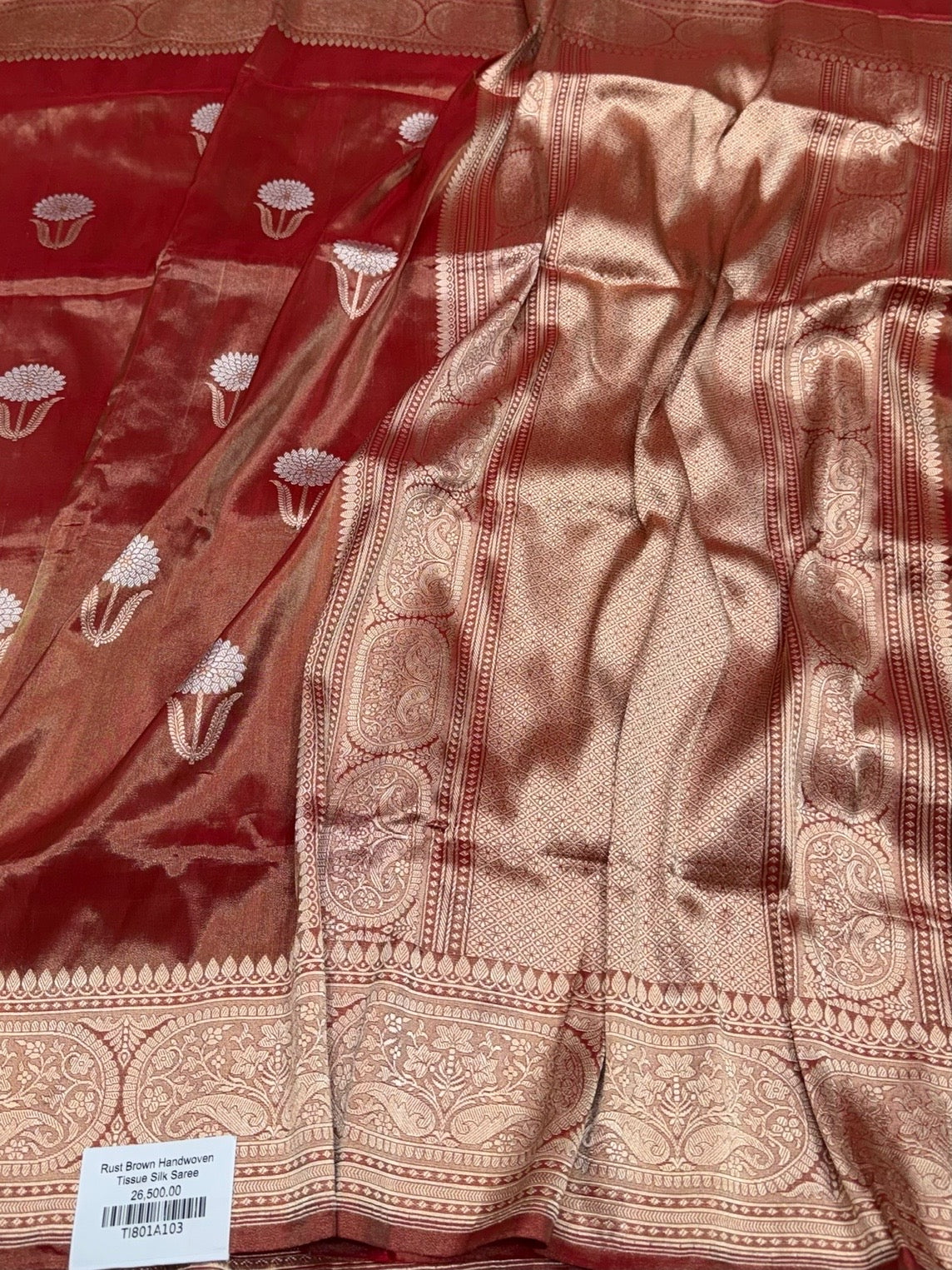 Rust Brown Handwoven Pure Banarasi Tissue Silk Saree