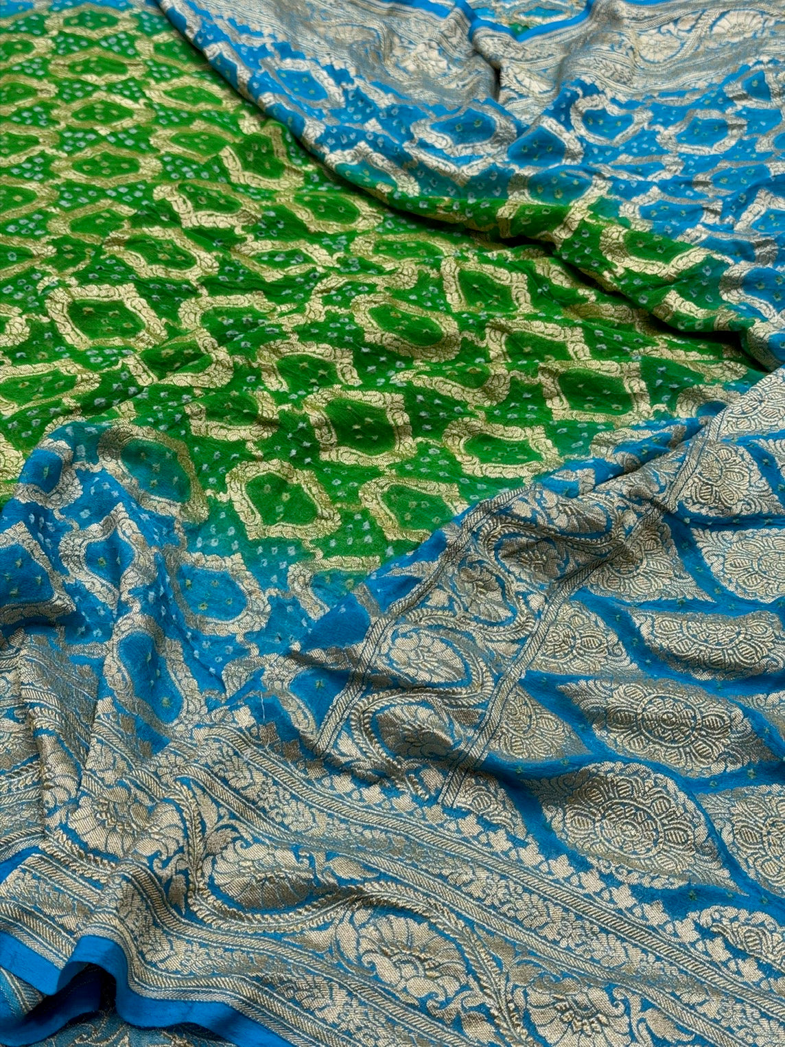 Sky Blue Banarasi Pure Bandhej Georgette Saree – Luxury Cutwork Brocade Festive Saree