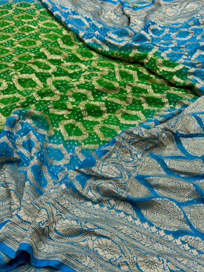 Sky Blue Banarasi Pure Bandhej Georgette Saree – Luxury Cutwork Brocade Festive Saree