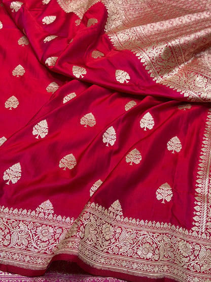 Red Handwoven Vintage Pure Banarasi Satin Silk Saree