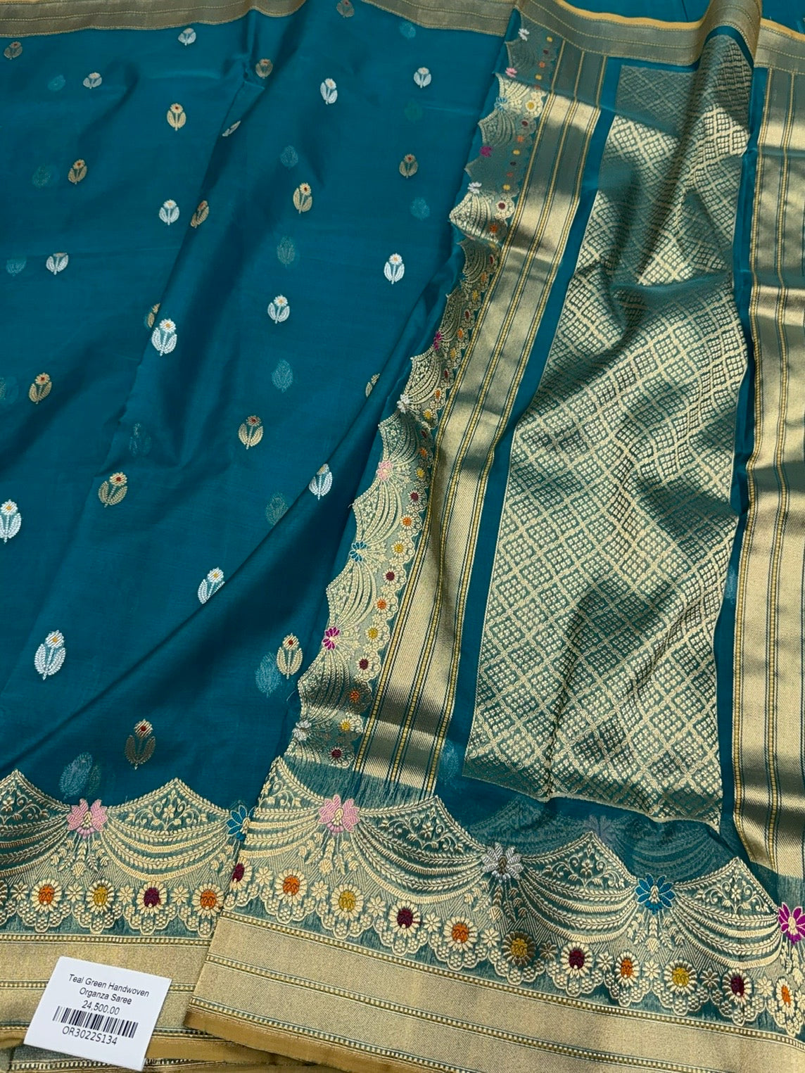 Teal Green Handwoven Pure Organza Silk Saree