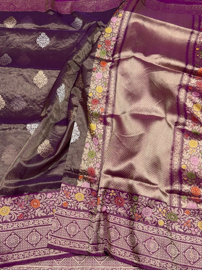 Magenta Pink Handwoven Pure Banarasi Kora Tissue Saree