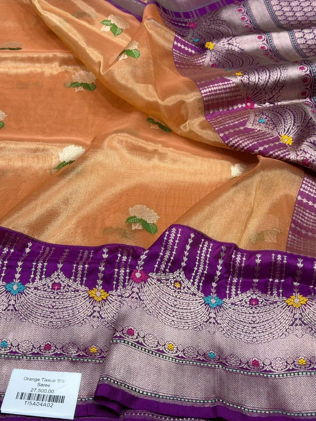 Orange Handwoven Pure Banarasi Tissue Saree
