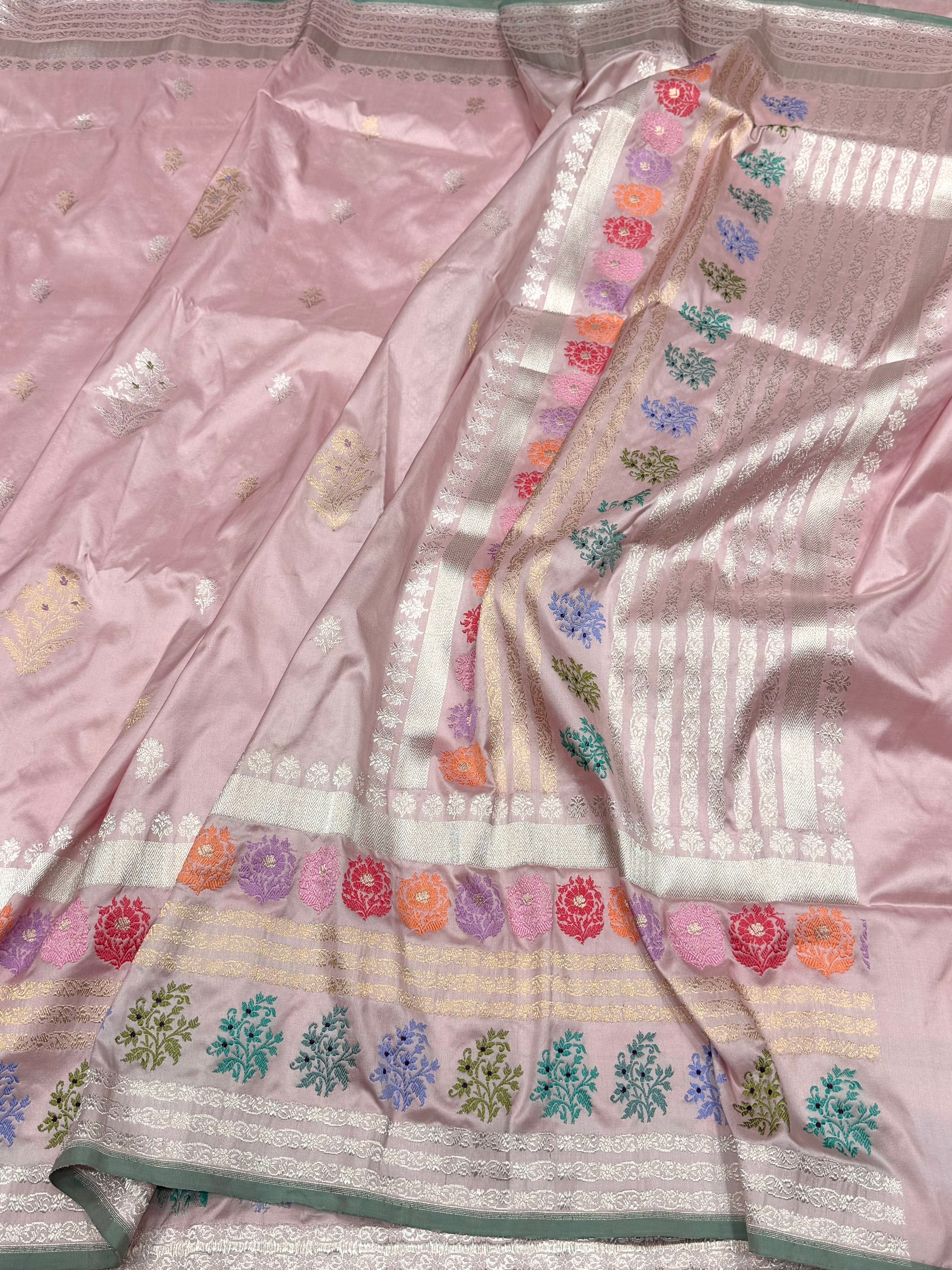 Powder Pink Handwoven Pure Banarasi Silk Saree – Kadwa Weave in 100% Katan Mulberry Silk