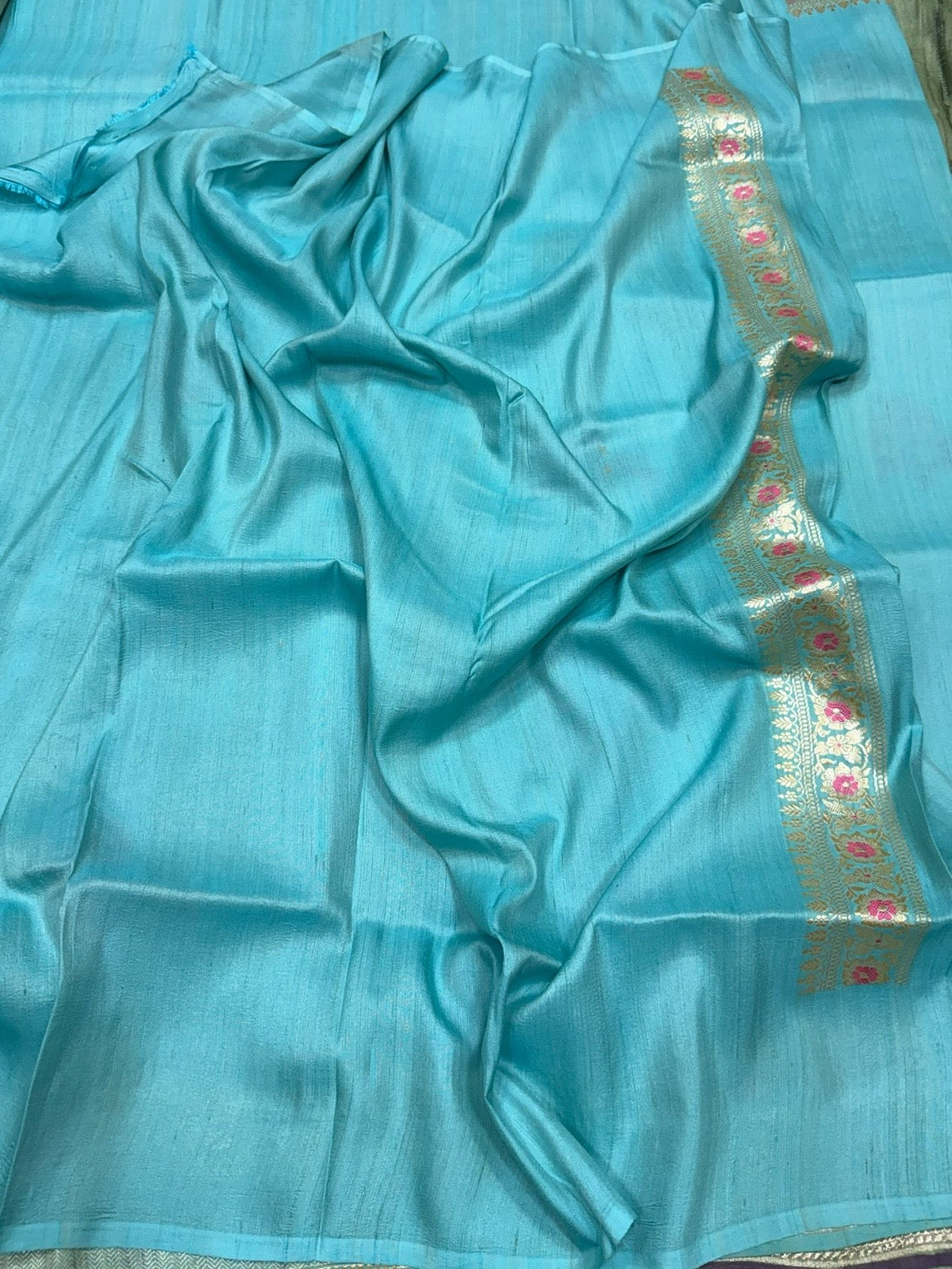 Sky Blue Handwoven Pure Tussar Georgette Saree