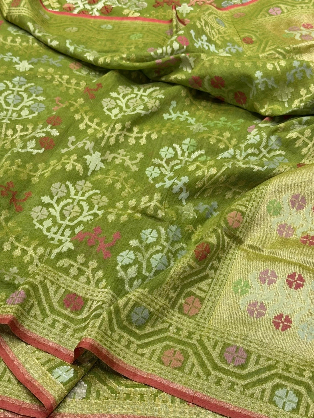 Green Pure Muslin Cotton Jamdani Saree