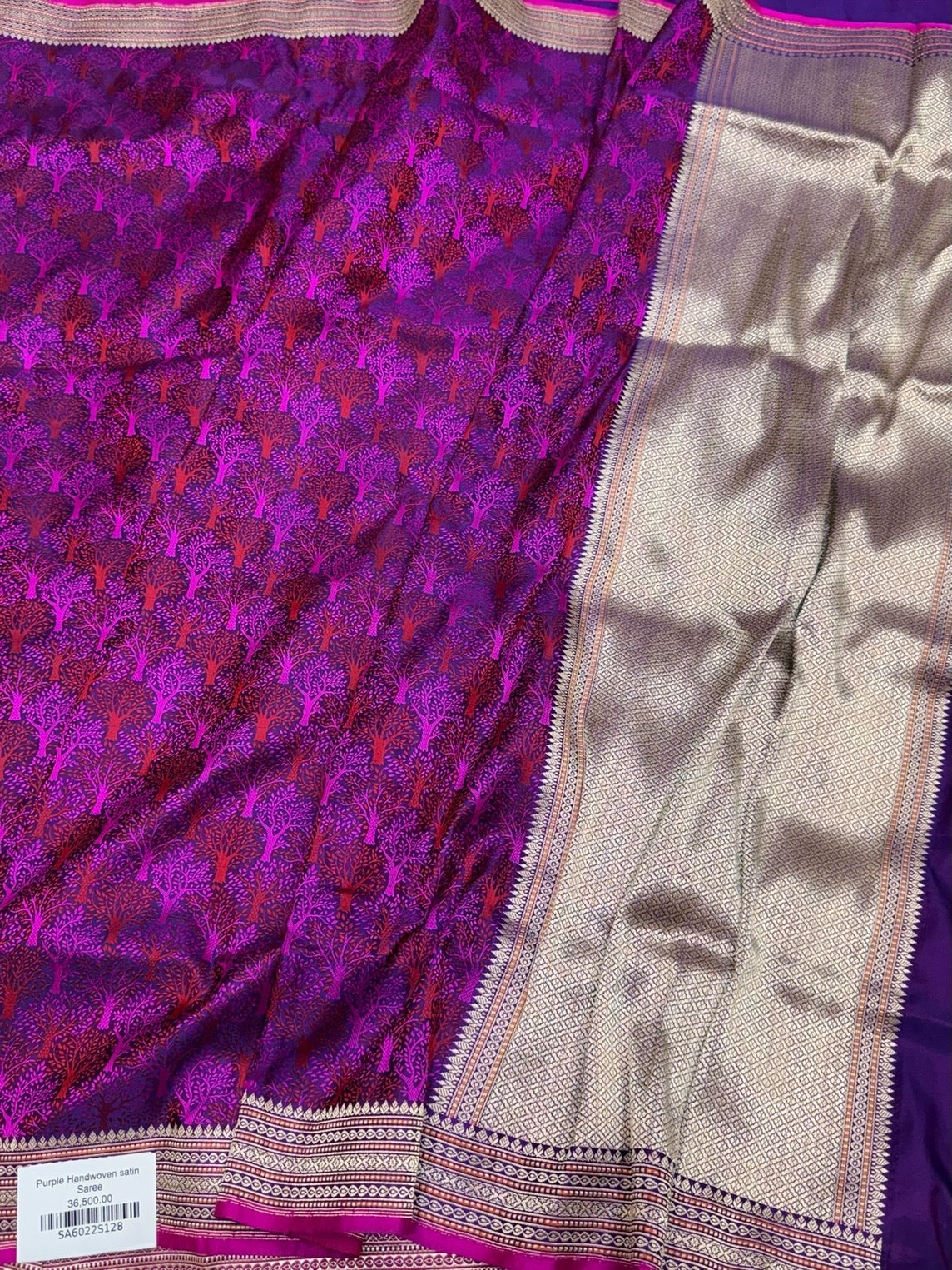 Purple Handwoven Pure Banarasi Satin Tanchoi Silk Saree