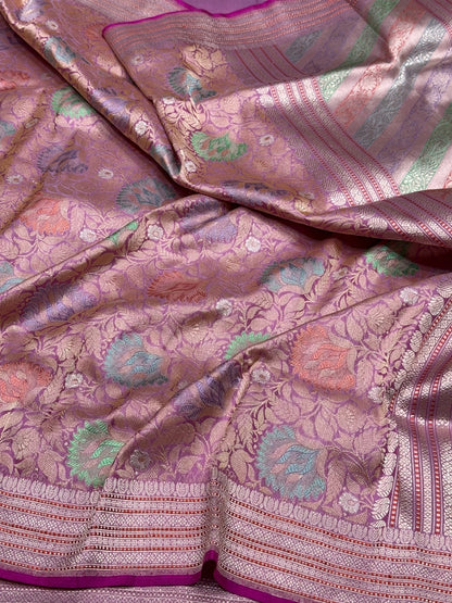 Pastel Pink Handwoven Pure Banarasi Satin Silk Brocade Saree
