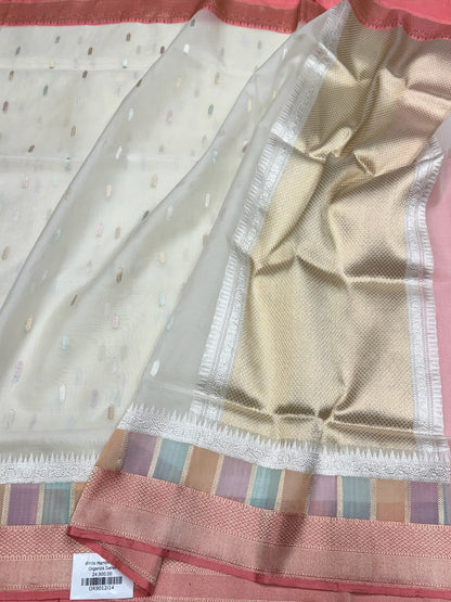 White Handwoven Pure Organza Silk Saree