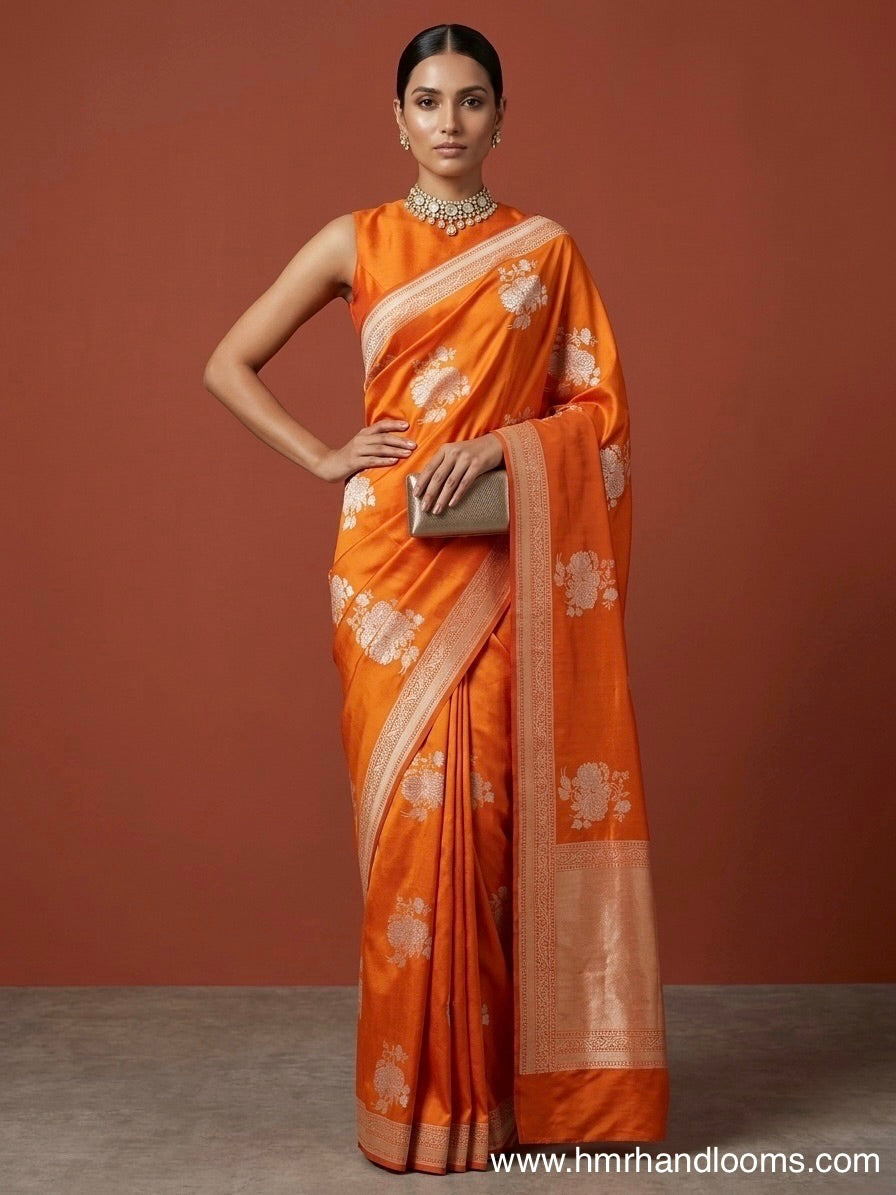 Orange Ektara Handwoven Pure Silk Banarasi Saree