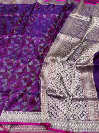 Purple Handwoven Pure Banarasi Satin Tanchoi Silk Saree – Kadwa Weave | Authentic Banaras Handloom