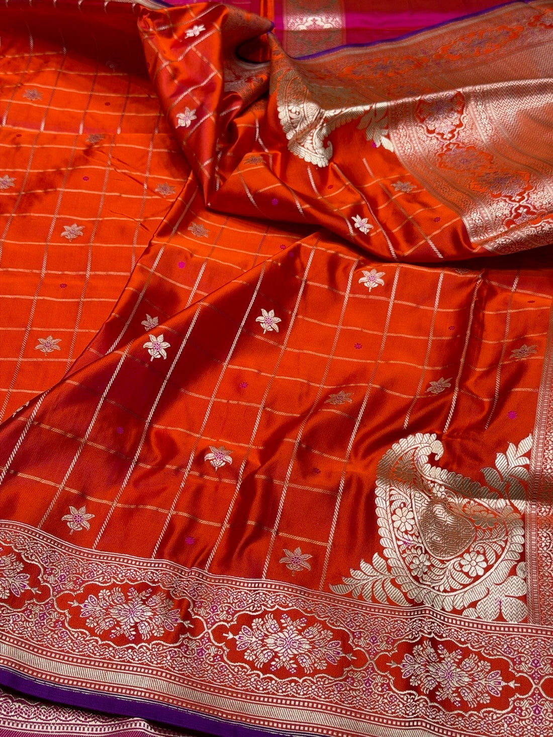 Orange Handwoven Pure Banarasi Satin Silk Saree