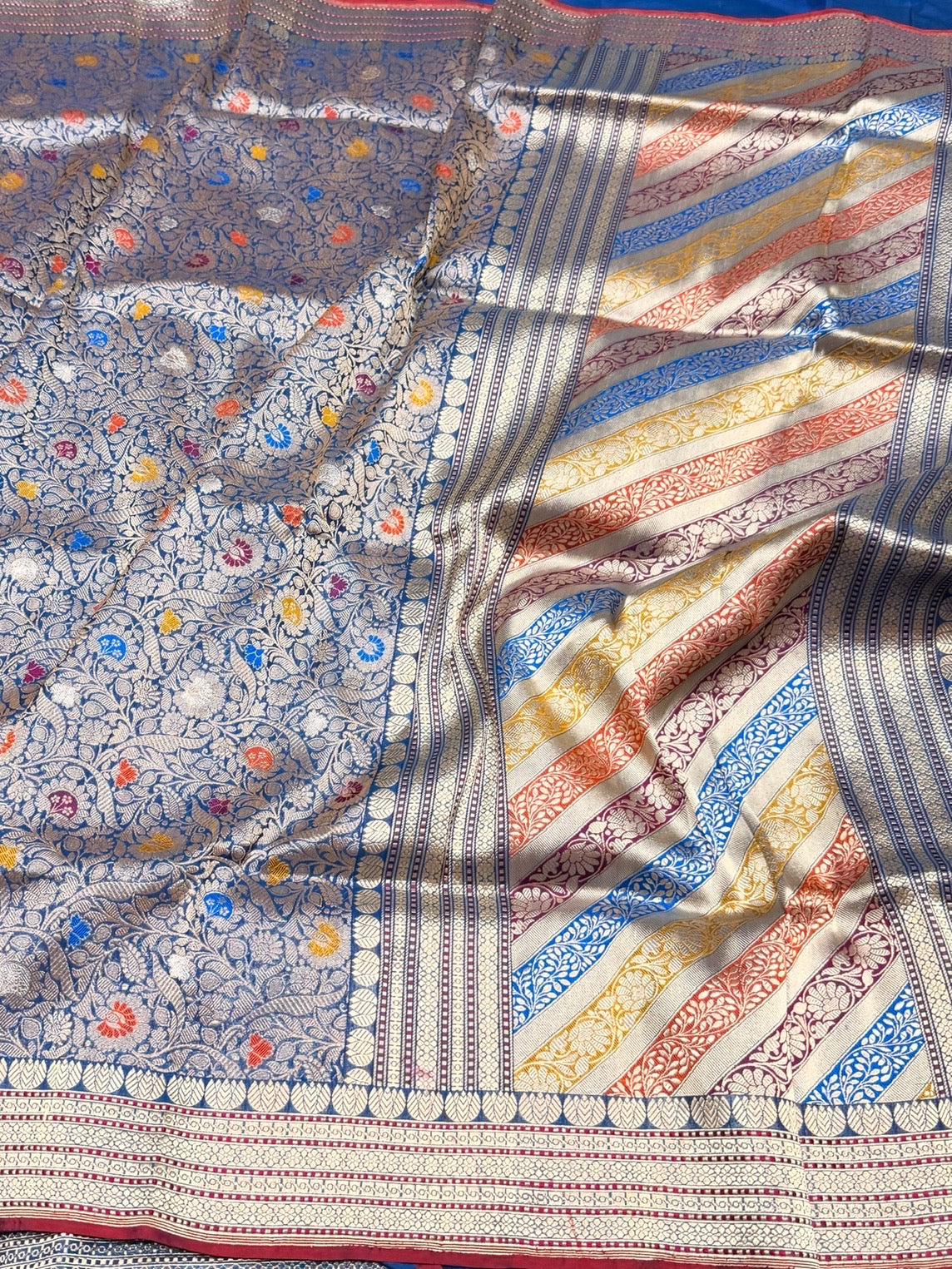German Blue Handwoven Pure Banarasi Silk Brocade Saree