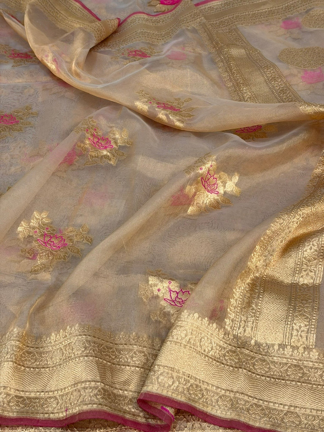 Champagne Gold Pure Banarasi Tissue Silk Saree | Pure Kora Tissue | Cutwork Technique