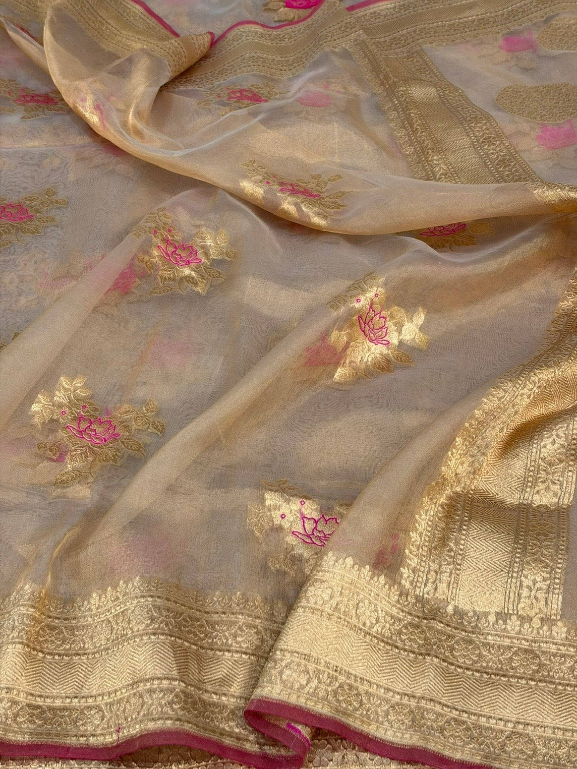 Champagne Gold Pure Banarasi Tissue Silk Saree | Pure Kora Tissue | Cutwork Technique