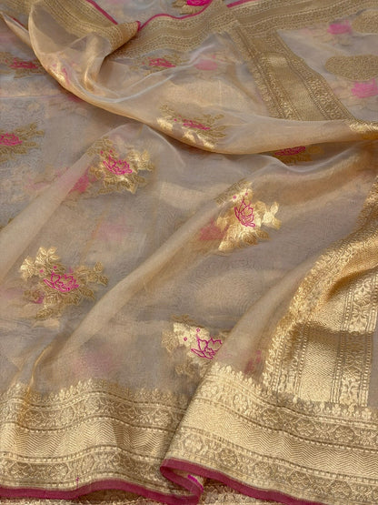 Champagne Gold Pure Banarasi Tissue Silk Saree | Pure Kora Tissue | Cutwork Technique