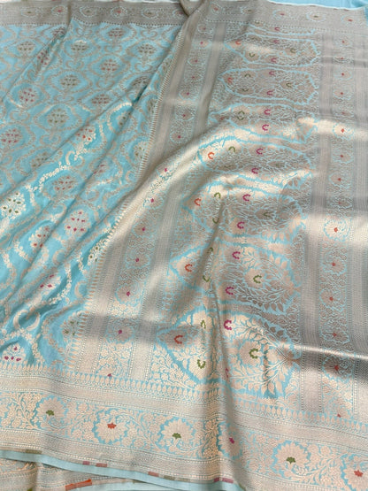 Sea Blue Banarasi Minakari Pure Katan Silk Saree